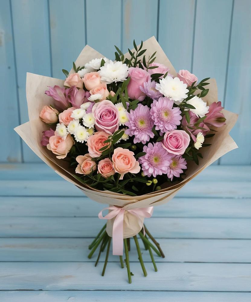 Букет цветов из: Хризантемы, Розы и Альстромерии в Жирнове