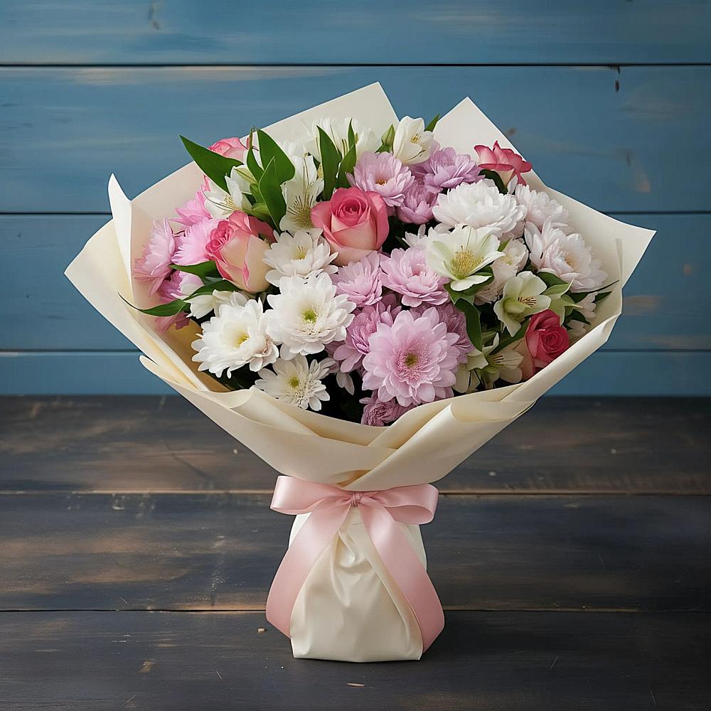 Букет цветов из: Хризантемы, Альстромерии и Розы в Жирнове